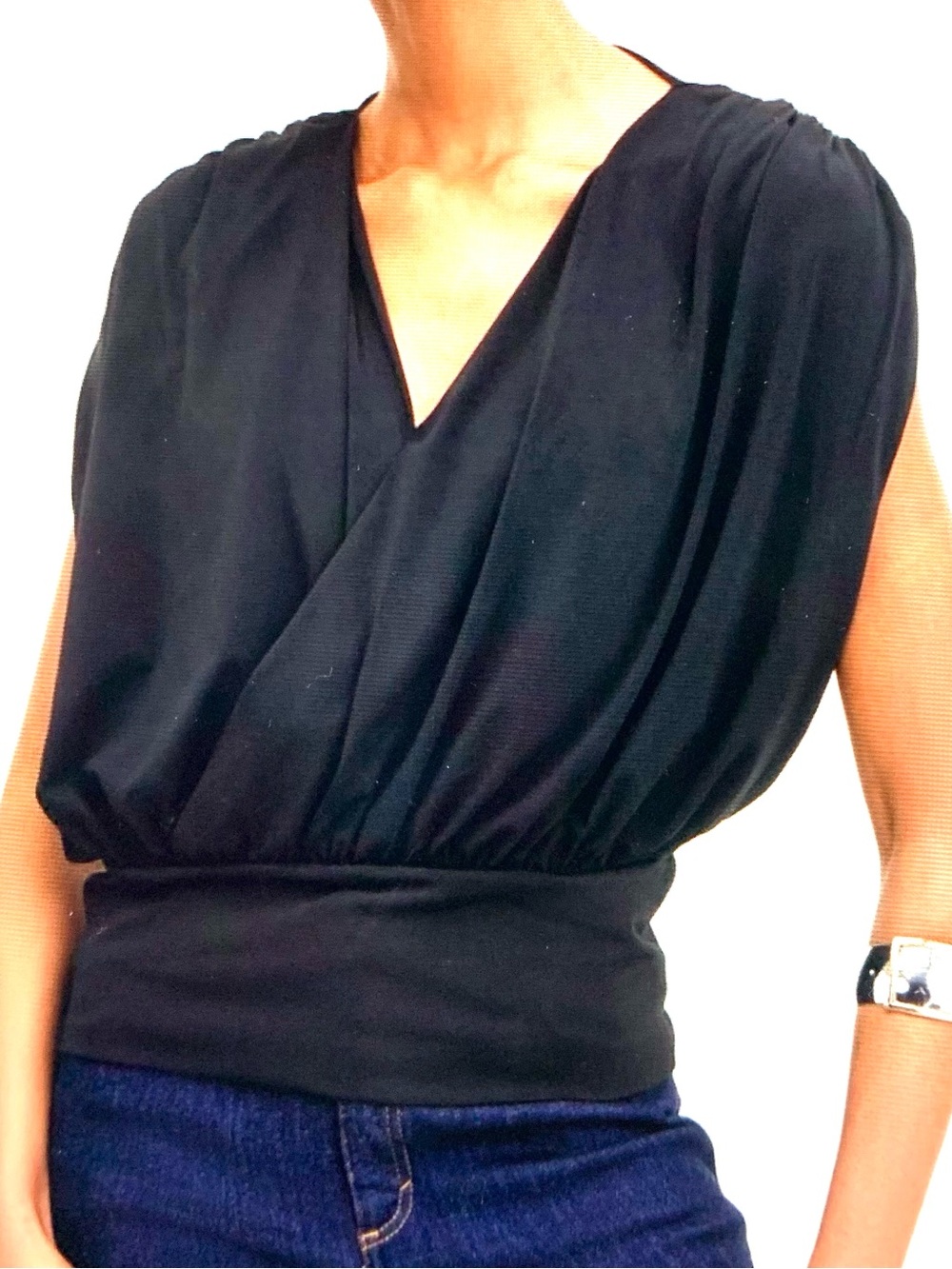 INC Double V-Neck Surplice Draped Banded Waist Sleeveless Top